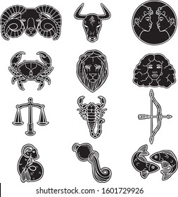 Vector set of zodiac signs. Aries, Taurus, Gemini, Cancer, Leo, Virgo, Libra, Scorpio, Sagittarius, Capricorn, Aquarius and Pisces. Hand drawn illustration, flat style.