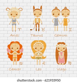 vector set of the Zodiac Signs Aries, Taurus, Gemini, Cancer, Leo, Virgo. White brick wall background