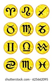 Vector set of Zodiac signs in black on gold circles