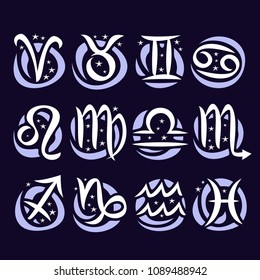 Vector set of Zodiac Signs, collection of 12 astrology calligraphic symbols with stars for predicting horoscope on blue background, original hand drawn brush for twelve circle white handdrawn tags.