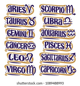 Vector set of Zodiac Signs, collection of 12 astrology symbols with handwritten text for predicting horoscope on white background, original hand written brush typeface for twelve blue words and signs.