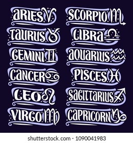 Vector set of Zodiac Signs, collection of 12 astrology symbols with handwritten text for predicting horoscope on blue background, original hand written brush typeface for twelve white words and signs.