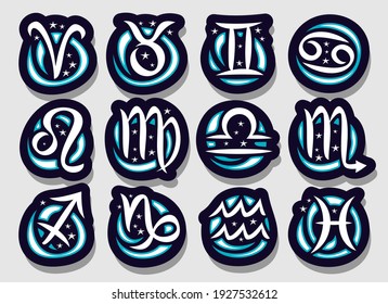 Vector set of Zodiac Signs, collection of 12 cut out Astrology Symbols with hand written brush zodiac signs and cartoon stars, twelve handwriting astrology symbols for horoscope prediction on grey.