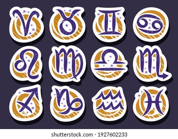 Vector set of Zodiac Signs, collection of 12 cut out Astrology Symbols with hand written brush zodiac signs and cartoon stars, twelve calligraphic astrology symbols for horoscope prediction on blue.