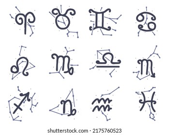 Vector set of zodiac signs with constellations in doodle style isolated on white background. Horoscope symbols clip art.