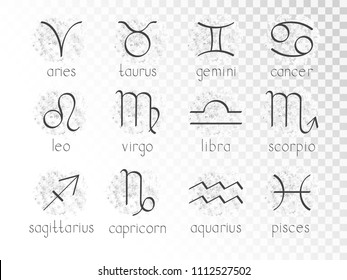 Vector set of zodiac signs. Hand drawn elements. Horoscope symbols collection: aries, taurus, gemini, cancer, leo, virgo, libra, scorpio, sagitarius, capricorn, aquarius, pisces. Monochrome.