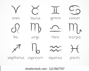 Vector set of zodiac signs. Hand drawn elements. Horoscope symbols collection: aries, taurus, gemini, cancer, leo, virgo, libra, scorpio, sagitarius, capricorn, aquarius, pisces. Monochrome.