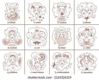 Vector set of Zodiac signs, housekeeping women, constellations golden color on a white background. Logo, tattoo or illustration. Astrological forecast, horoscope for a single sign.