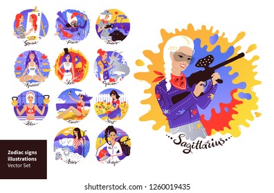Vector set of Zodiac Signs illustrations with cute female characters in ultraviolet colors.