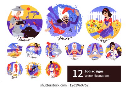 Vector set of Zodiac Signs illustrations with cute female characters in ultraviolet colors.