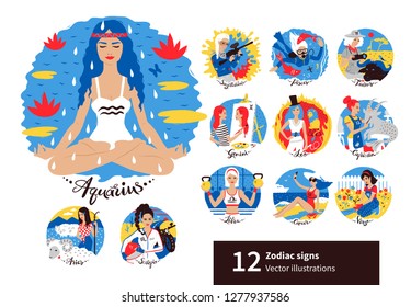 Vector set of Zodiac Signs illustrations with cute female characters in blue, red and yellow colors.