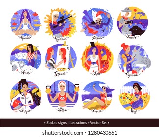 Vector set of Zodiac Signs illustrations with cute female characters in ultraviolet colors.
