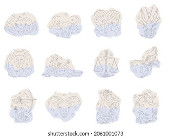Conjunto vectorial de signos zodiacales en estilo lineal. Doce símbolos astrológicos de horoscopio: Aries, Taurus, Gemini, cáncer, Leo, Virgo, Libra, Escorpio, Sagittarius, Capricornio, Aquarius, Pisces.