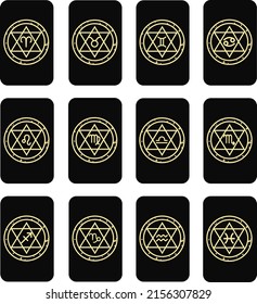 Vector set of zodiac signs. Magic cards. Mystical tarot cards. Retro-vintage engraving in boho style. Phases of the moon.