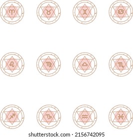 Vector set of zodiac signs. Magic cards. Mystical tarot cards. Retro-vintage engraving in boho style. Phases of the moon.
