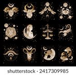 Vector set of zodiac signs on geometric patterns. Aries, Taurus, Gemini, Cancer, Leo, Virgo, Libra, Scorpio, Sagittarius, Capricorn, Aquarius, Libra