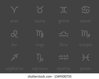 Vector set of zodiac signs on a black background. Dot graphics. Dotted contour. Horoscope symbols collection. White.