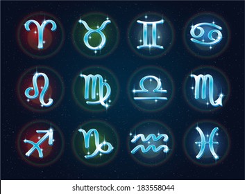 Vector set of zodiac signs on a space backdrop
