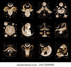 Vector set of zodiac signs on geometric patterns. Aries, Taurus, Gemini, Cancer, Leo, Virgo, Libra, Scorpio, Sagittarius, Capricorn, Aquarius, Libra