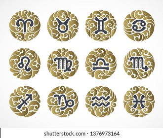 Vector set of zodiac signs. Ornamental horoscope pattern illustration. Aries, Taurus, Sagittarius, Capricorn, Leo, Gemini, Aquarius, Virgo, Scorpio