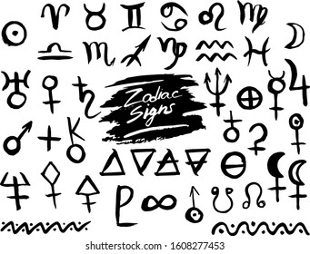 Vector set of Zodiac Signs, Planetes and Alchemy Symbols in black color isolated on white background. Astrological icons in rough and grunge hand drawn style. Big collection of esoteric symbols.