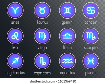 Vector set of zodiac signs round icons on a transparent background. Horoscope symbols collection: aries, taurus, gemini, cancer, leo, virgo, libra, scorpio, sagitarius, capricorn, aquarius, pisces. 