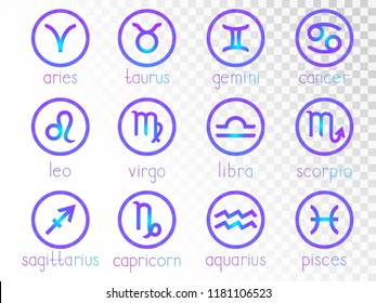 Vector set of zodiac signs round icons on a transparent background. Horoscope symbols collection: aries, taurus, gemini, cancer, leo, virgo, libra, scorpio, sagitarius, capricorn, aquarius, pisces. 