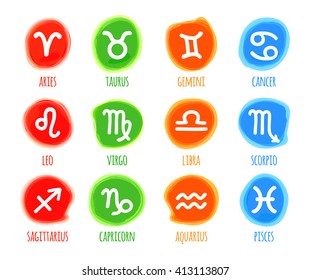 Vector set of zodiac signs. White icons are located in the colored watercolor stains. Aries, Taurus, Gemini, cancer, Leo, Virgo, Libra, Scorpio, Sagittarius, Capricorn, Aquarius, Pisces.