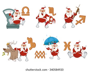 Vector Set of a Zodiac symbols with a Cute Santa Claus.  Astrological Sign in the Zodiac. Cartoon Character