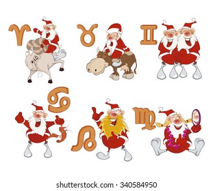 Vector Set of a Zodiac symbols with a Cute Santa Claus.  Astrological Sign in the Zodiac