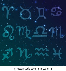 Vector set of zodiac symbols.  hand written signs of the zodiac on the starry sky. Space and stars, astronomy and astrology.