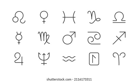 Vector set of zodiac thin line icons. Design of 20 stroke pictograms. Signs of zodiac isolated on a white background.