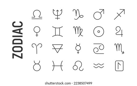 Vector set of zodiac thin line icons. Design of 20 stroke pictograms. Signs of zodiac isolated on a white background.