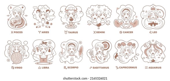 Vector set of Zodiac women signs, housekeeping, constellations golden color on a white background. Facebook cover, Logo, tattoo or illustration. Astrological forecast, horoscope for a single sign.