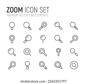 Vector set of zoom thin line icons. Design of 20 stroke pictograms. Signs of zoom isolated on a white background.