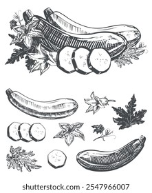 Vetor com abobrinha. Vegetal maduro, folhas, flores, peças em técnica de gravação. Esboço Squash na tinta sobre fundo branco. Clipart para design de produto agrícola.