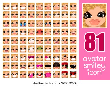 vector SET-81 Avatar Smiley icon for Girl. Pack faces girl expressing different emotions and feelings 81 facial expression. ?urly blonde hair gray eyes. European Graphics Profile   
