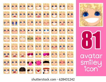 vector SET-81 social media avatar emoticon smiley emoji icon. Different funny emotion expression girl face. Kawaii web cartoon character. People human woman lady female graphic profile chat symbol 32
