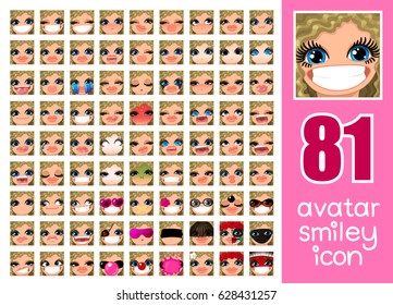 vector SET-81 social media avatar emoticon smiley emoji icon. Different funny emotion expression girl face. Kawaii web cartoon character. People human woman lady female graphic profile chat symbol. 20