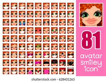 vector SET-81 social media avatar emoticon smiley emoji icon. Different funny emotion expression girl face. Kawaii web cartoon character. People human woman lady female graphic profile chat symbol. 26