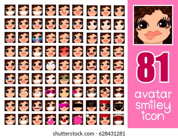 vector SET-81 social media avatar emoticon smiley emoji icon. Different funny emotion expression girl face. Kawaii web cartoon character. People human woman lady female graphic profile chat symbol. 23