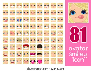 vector SET-81 social media avatar emoticon smiley emoji icon. Different funny emotion expression girl face. Kawaii web cartoon character. People human woman lady female graphic profile chat symbol. 29