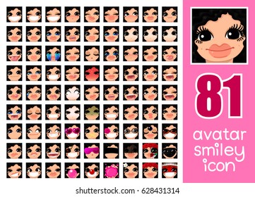vector SET-81 social media avatar emoticon smiley emoji icon. Different funny emotion expression girl face. Kawaii web cartoon character. People human woman lady female graphic profile chat symbol. 16
