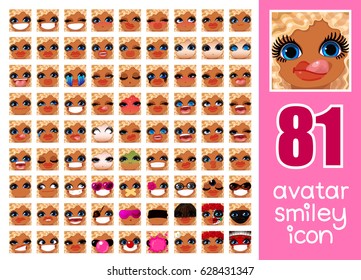 vector SET-81 social media avatar emoticon smiley emoji icon. Different funny emotion expression girl face. Kawaii web cartoon character. People human woman lady female graphic profile chat symbol. 12