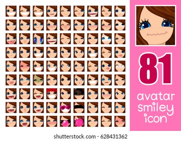 vector SET-81 social media avatar emoticon smiley emoji icon. Different funny emotion expression girl face. Kawaii web cartoon character. People human woman lady female graphic profile chat symbol. 31