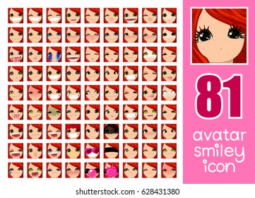 vector SET-81 social media avatar emoticon smiley emoji icon. Different funny emotion expression girl face. Kawaii web cartoon character. People human woman lady female graphic profile chat symbol. 35