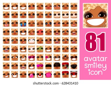 vector SET-81 social media avatar emoticon smiley emoji icon. Different funny emotion expression girl face. Kawaii web cartoon character. People human woman lady female graphic profile chat symbol. 13