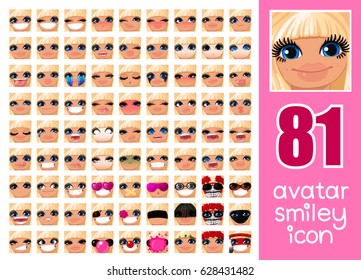 vector SET-81 social media avatar emoticon smiley emoji icon. Different funny emotion expression girl face. Kawaii web cartoon character. People human woman lady female graphic profile chat symbol. 01