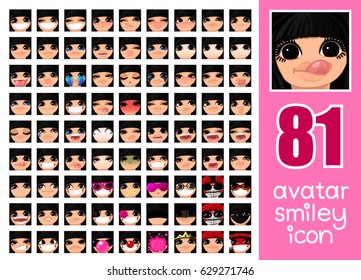 vector SET-81 social media avatar emoticon smiley emoji icon. Different funny emotion expression girl face. Kawaii web cartoon character. People human woman lady female graphic profile chat symbol. 05