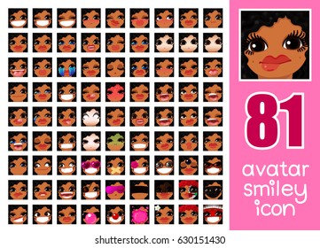 vector SET-81 social media avatar emoticon smiley emoji icon. Different funny emotion expression girl face. Kawaii web cartoon character. People human woman lady female graphic profile chat symbol. 19